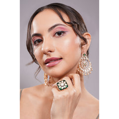 Amaita Traditional Polki Stone Green Meenakari Square Dome Ring