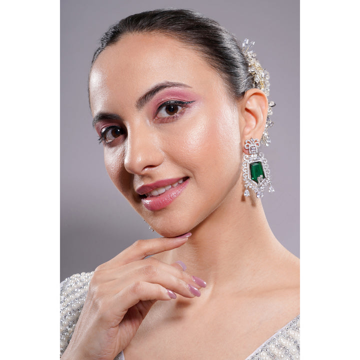 Amaita Silver Tone AD Deep Emerald Shield Drop Earrings