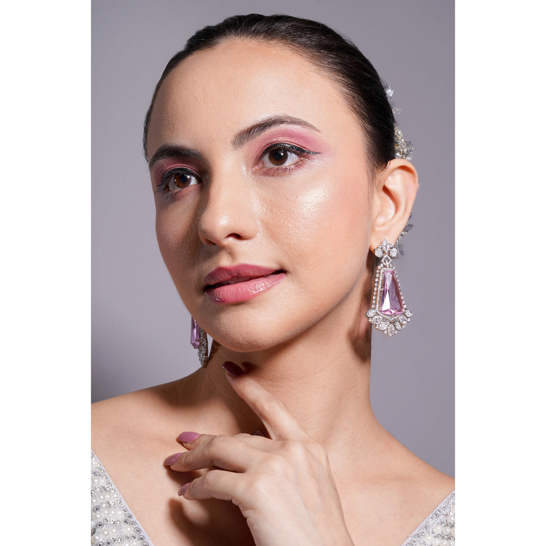 Amaita Silver Tone AD Pink Stone Drop Earrings