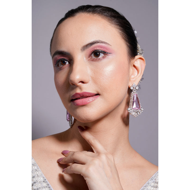Amaita Silver Tone AD Pink Stone Drop Earrings