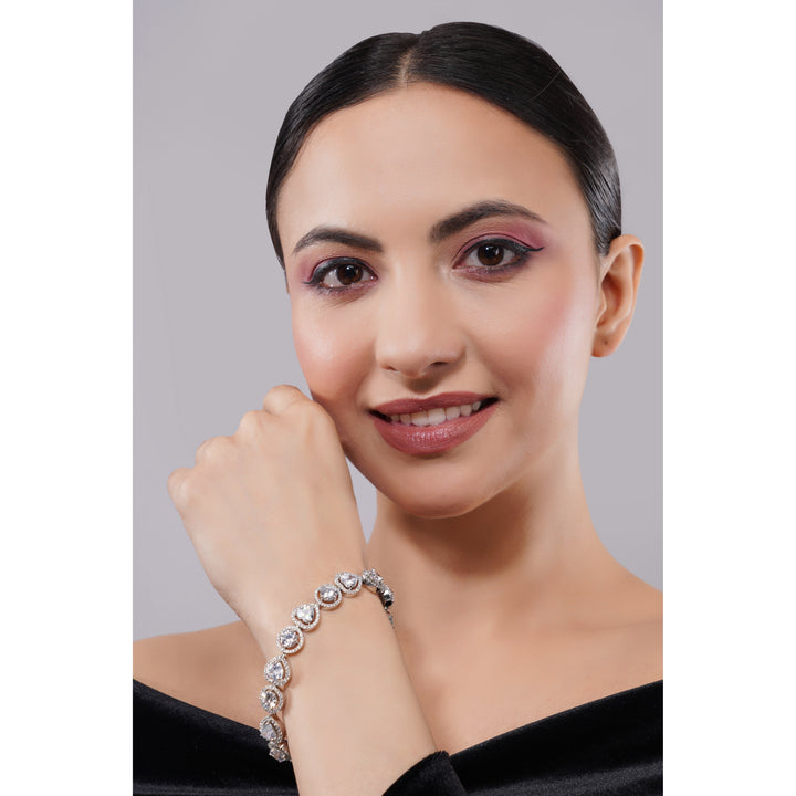 Amaita Demi Fine AD All-White Pear Stone Link Bracelet in Platinum Finish