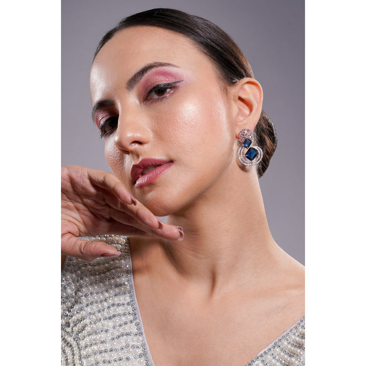 Amaita American Diamond Navy Blue Stone Swirl Drop Earrings