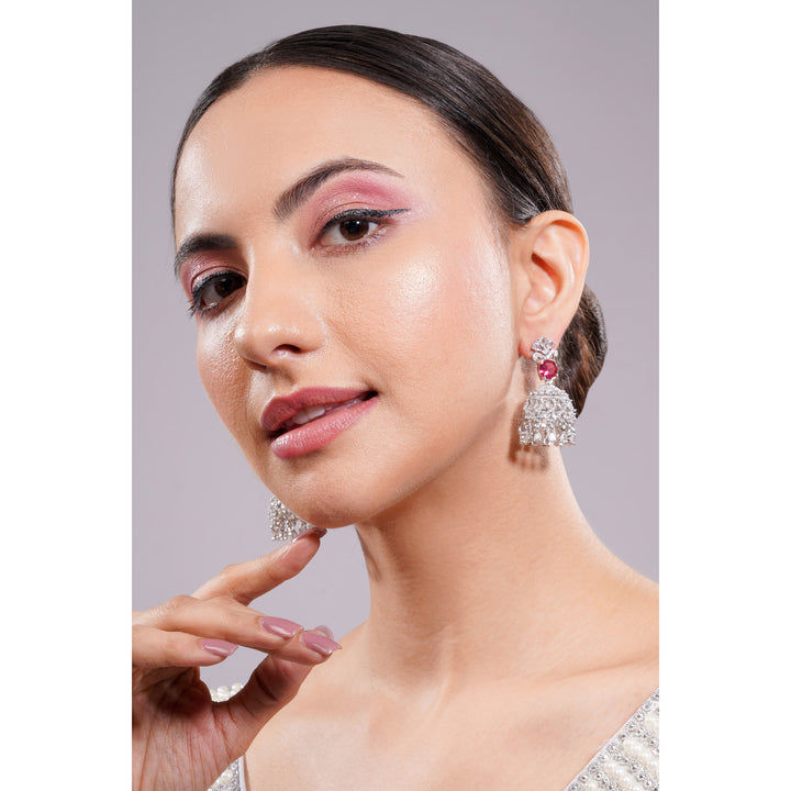 Amaita AD Deep Red Stone Dome Jhumka Earrings in Platinum Finish