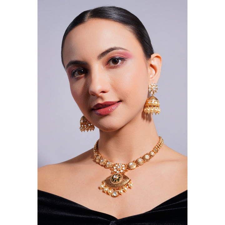 Amaita Demi Fine Ethnic Polki Kundan  Pendant Pearl Necklace Earring Set