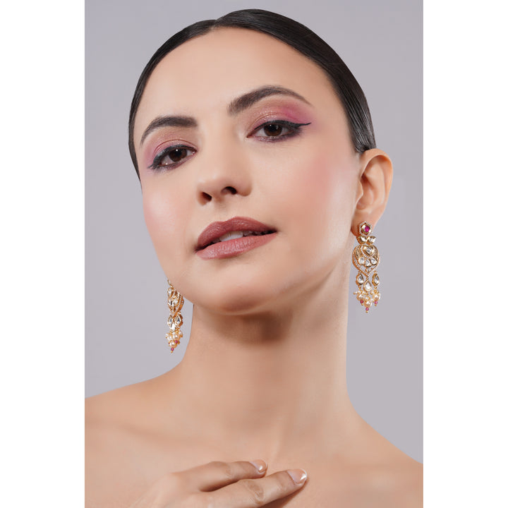 Amaita Demi Fine Ethnic Polki Heart Motif Ruby Pearl Tassel Drop Earrings