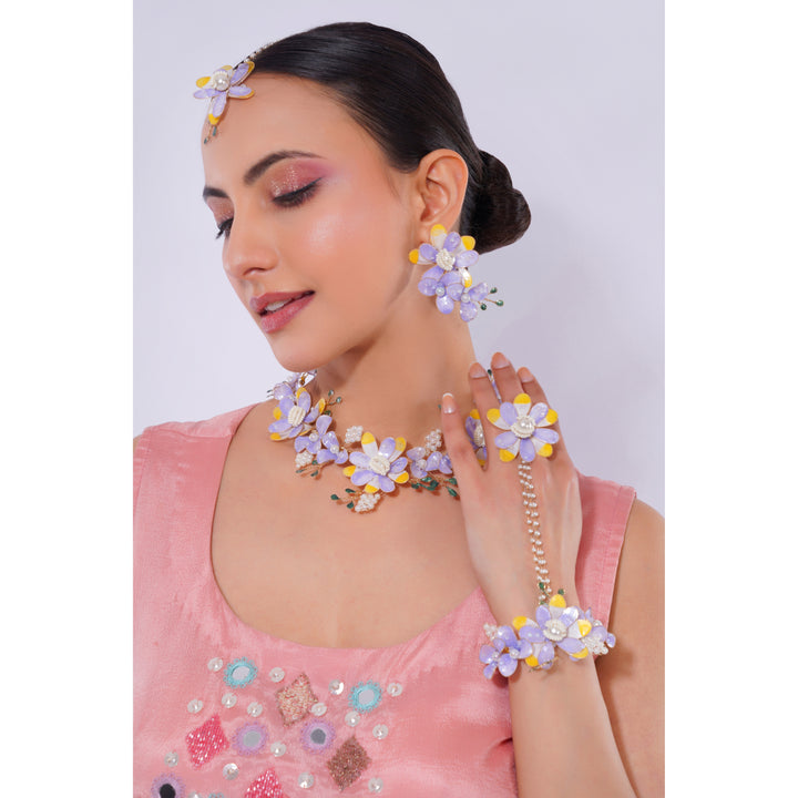Amaita Demi Fine Lavender Enamel Floral Necklace Earring Hand Harness Set