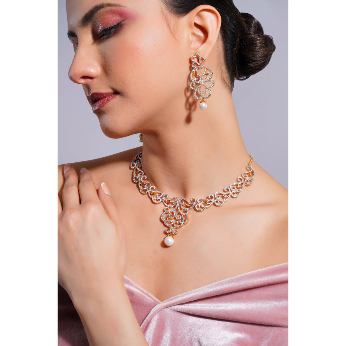 Amaita Demi Fine Gold Tone AD Filigree Scroll Necklace and Earring Set