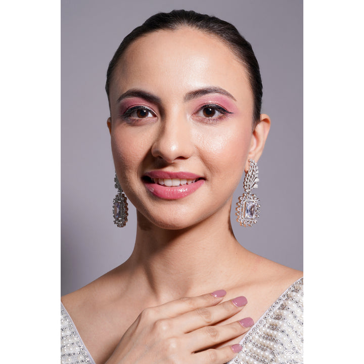 Amaita AD Square Stone Floral Drop Earrings in Silver Finish