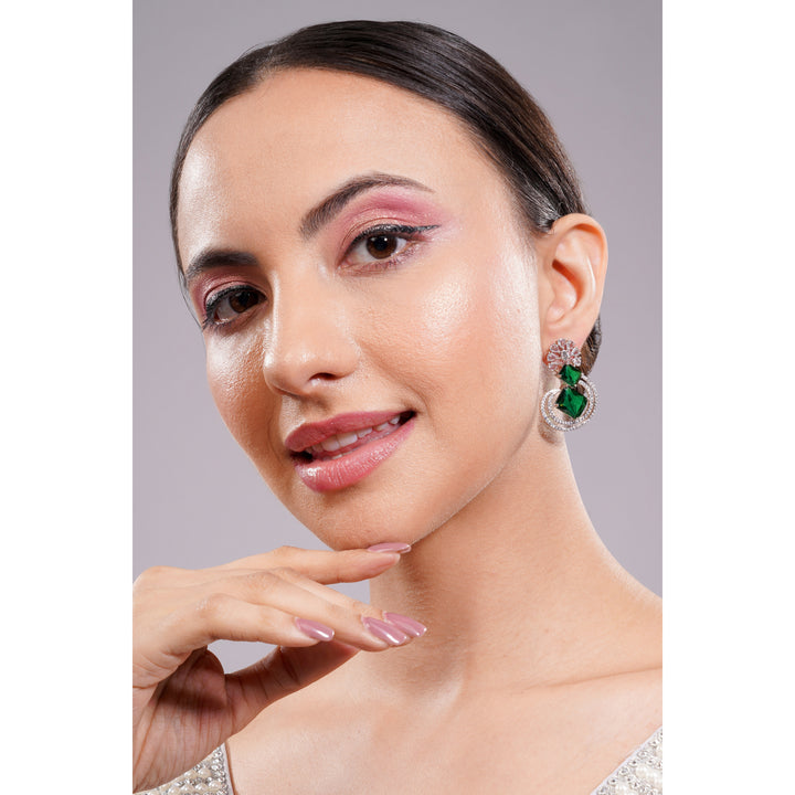 Amaita AD Double Emerald Stone Open Hoop Drop Earrings in Platinum Finish