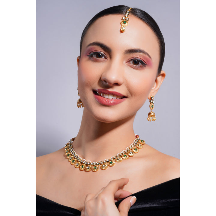 Amaita Demi Fine Ethnic Polki Kundan Green Stone Gold  Jewellery Set