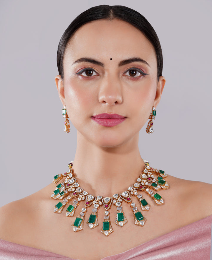 Amaita AD Polki Emerald Rose Gold Statement Necklace Set