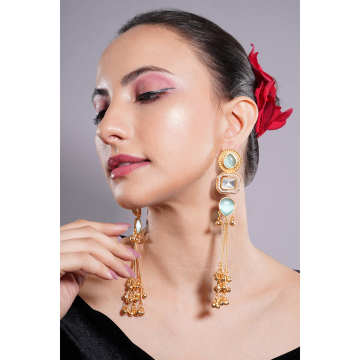 Amaita Kashmiri Mint Green Long Dangling Earrings
