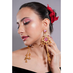 Amaita Kashmiri Pink Stone Long Dangling Earrings