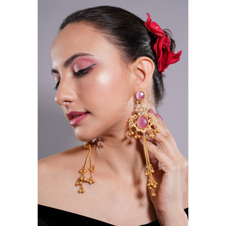 Amaita Kashmiri Pink Stone Long Dangling Earrings