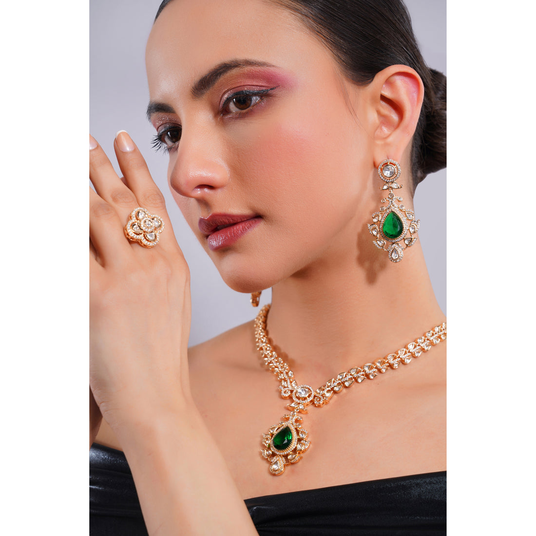 Amaita Demi Fine Gold Tone AD Four Petal Clover Cocktail Ring