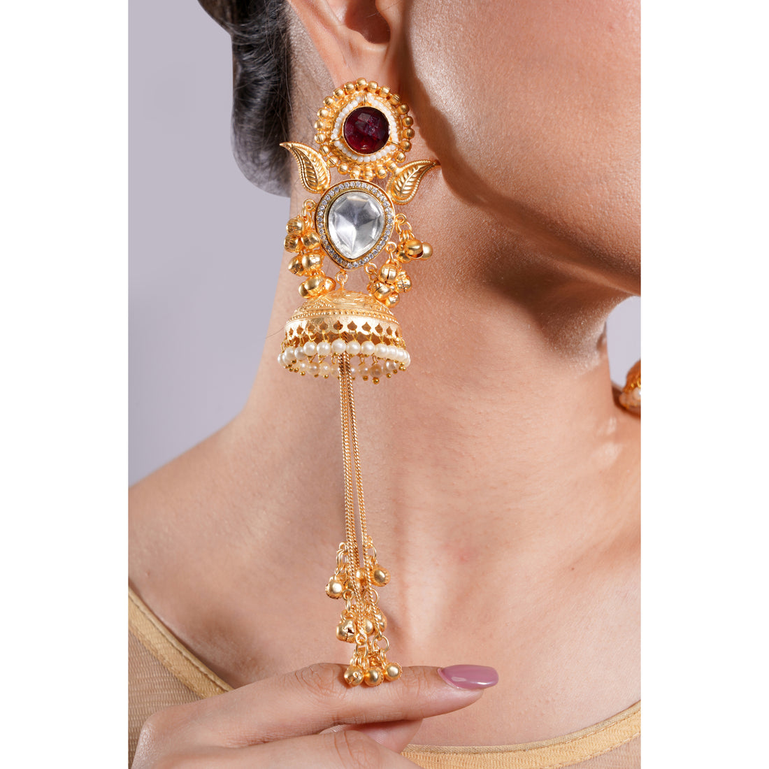 Amaita Traditional Gold Polish Maroon Stone Kashmiri Jhumka Earrings