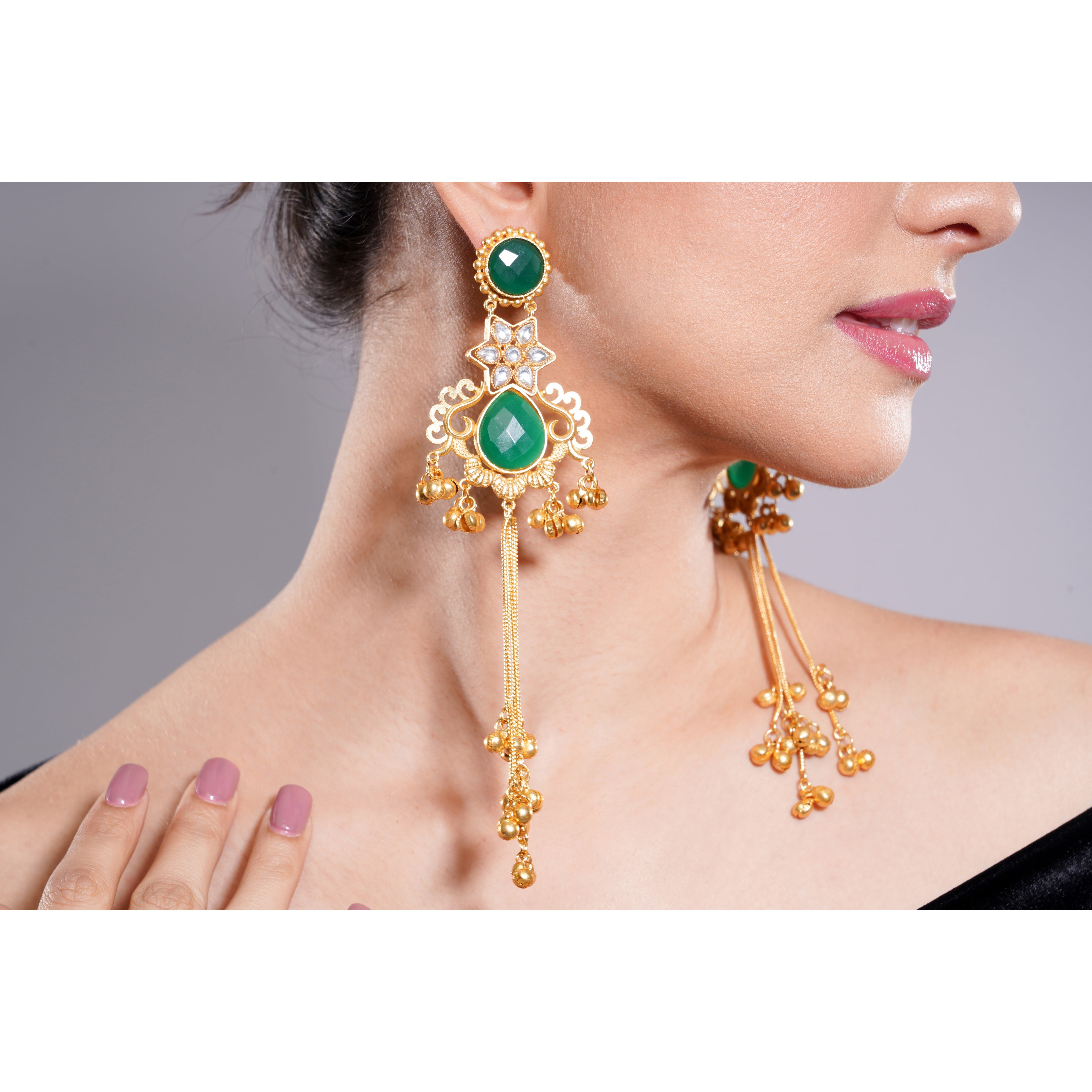 Amaita Kashmiri Green Stone Long Dangling Earrings