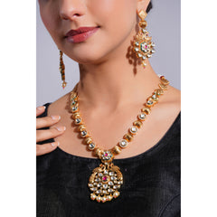 Amaita Demi Fine Ethnic Polki Kundan Ruby Pink Stone & Gold Pendant Necklace Set