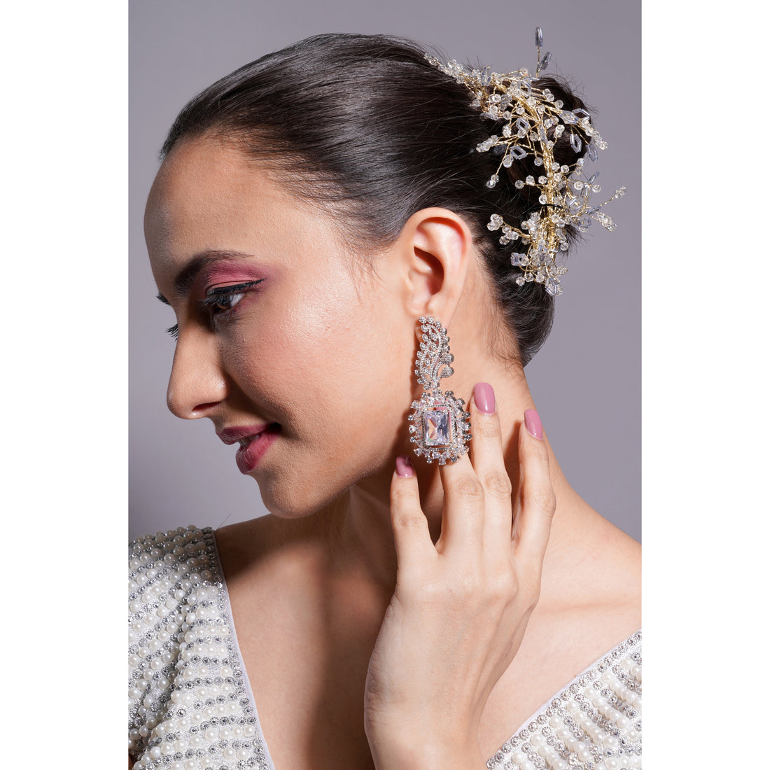 Amaita AD Square Stone Floral Drop Earrings in Silver Finish