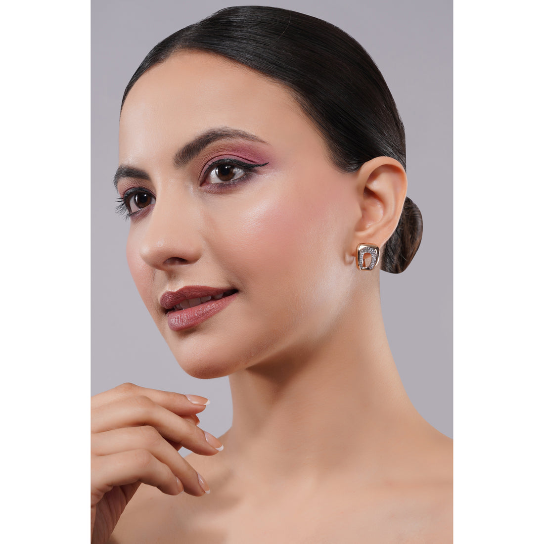 Amaita Demi Fine Gold Finish AD Arch Frame Square Stud Earrings