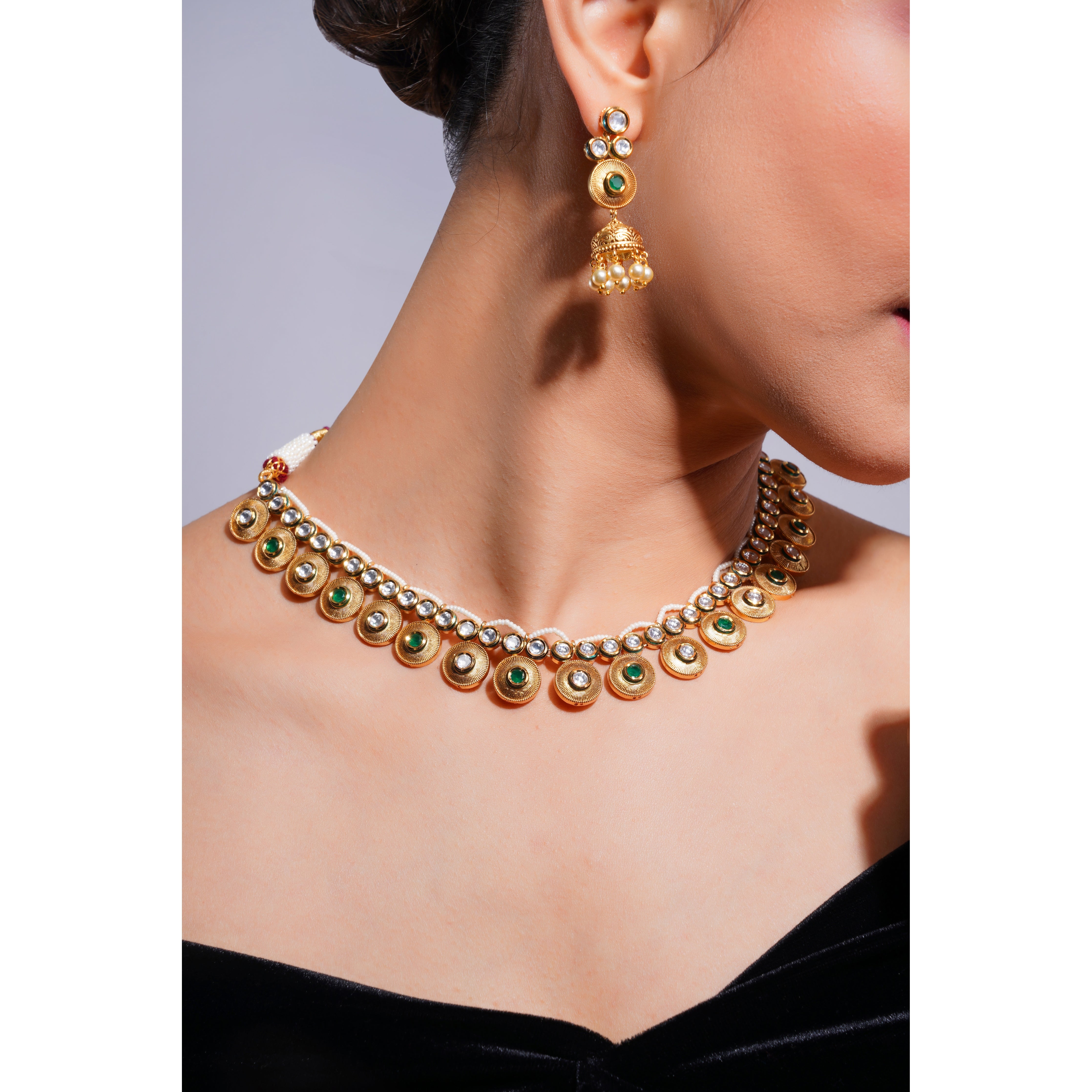 Amaita Demi Fine Ethnic Polki Kundan Green Stone Gold  Jewellery Set