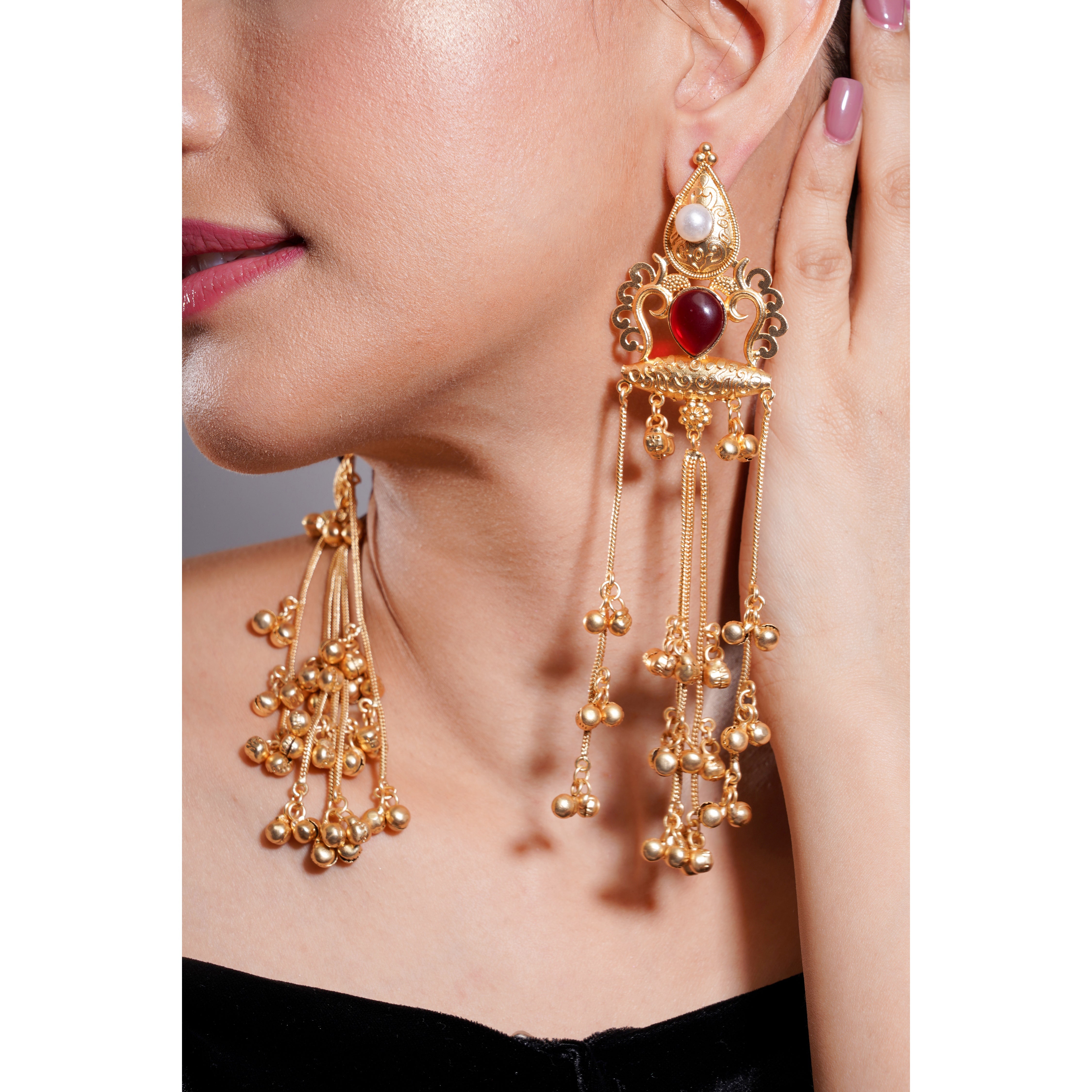 Amaita Kashmiri Ruby Long Dangling Earrings