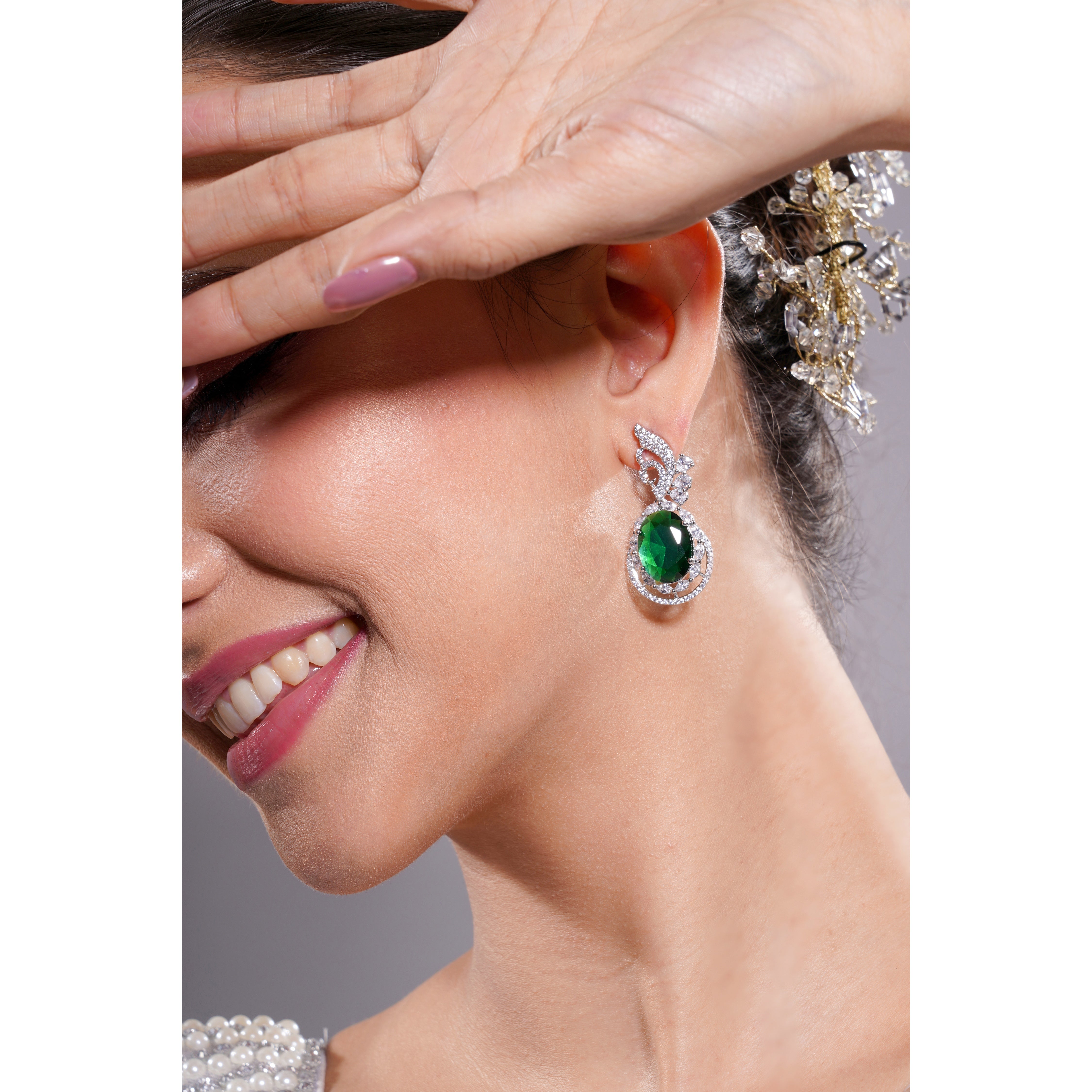 Amaita American Diamond Emerald Green Stone Drop Earrings