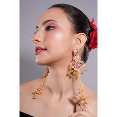 Amaita Kashmiri Pink Stone Long Dangling Earrings