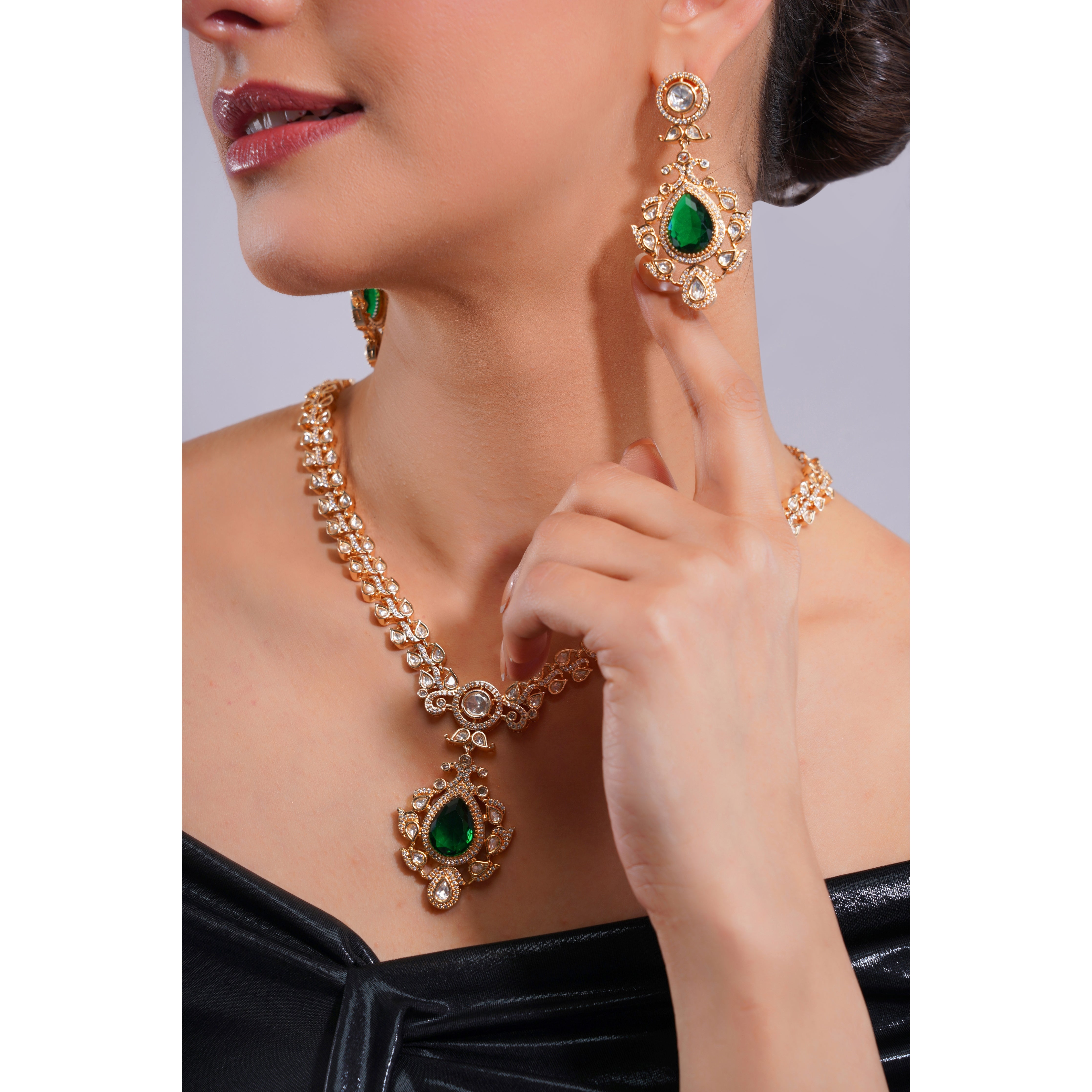 Amaita Demi Fine Polki Emerald Green Teardrop Pendant Necklace Earring Set