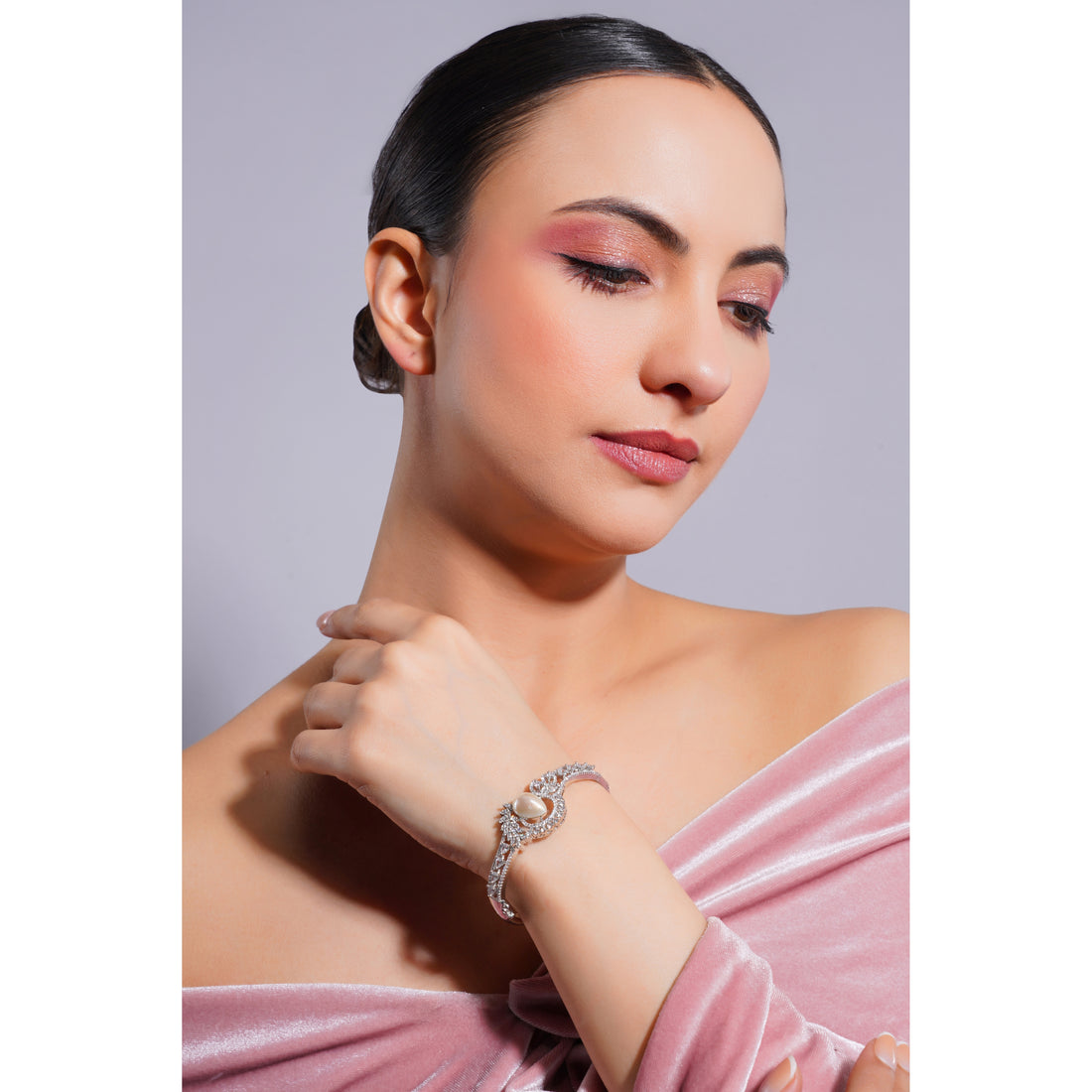 Amaita Demi Fine Platinum Polish AD Scroll Pearl Centre Cuff Bracelet