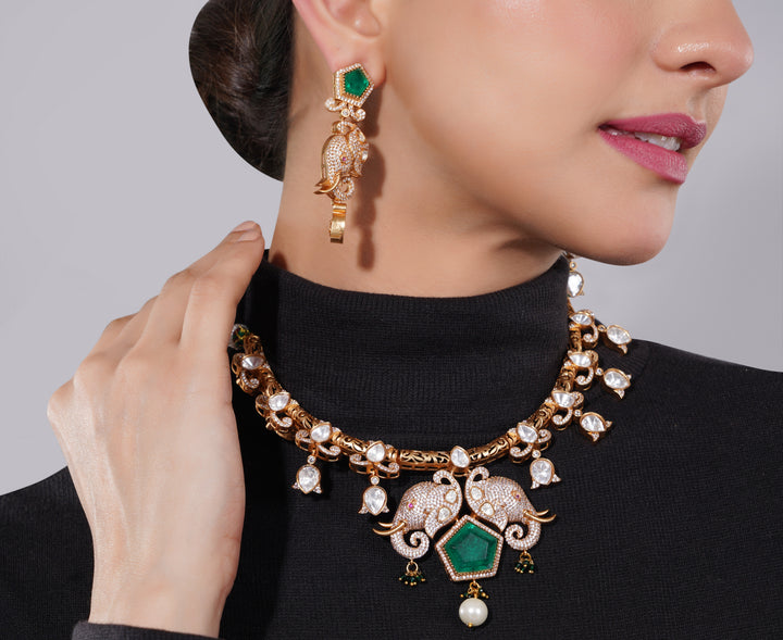 Amaita Polki Kundan Emerald Elephant Choker Necklace Set