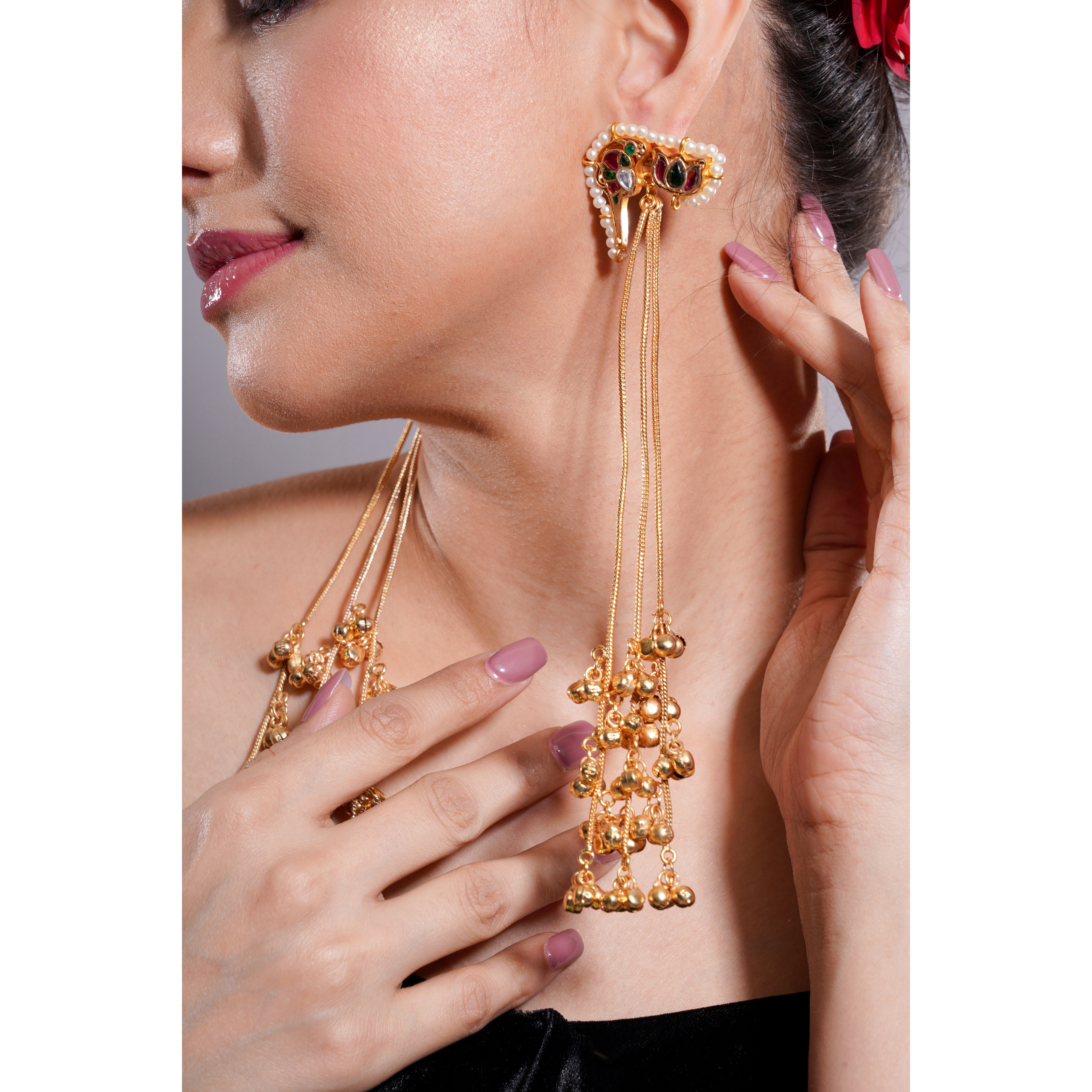 Amaita Kashmiri Pearl Frame Tassel Earrings