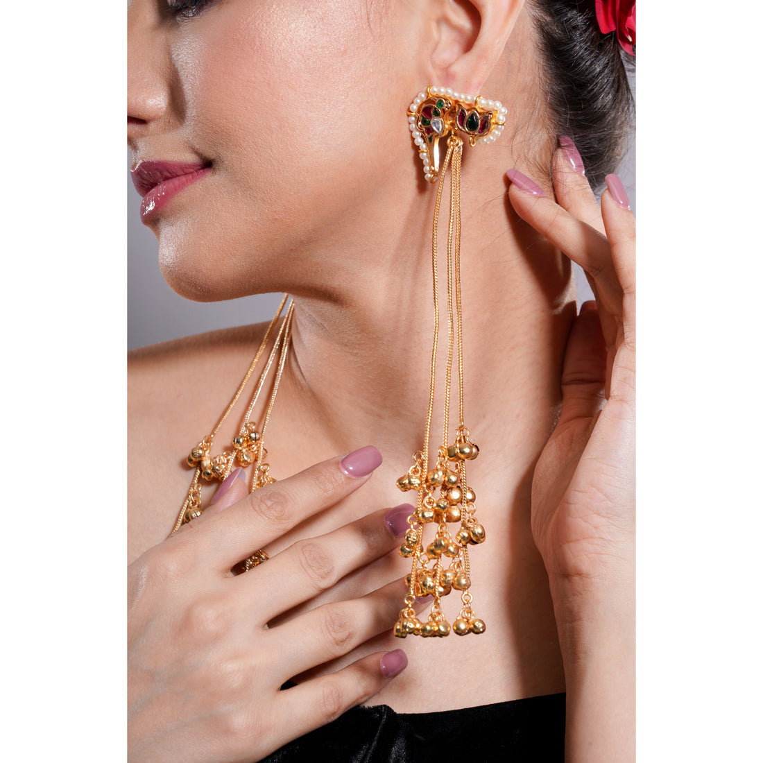 Amaita Kashmiri Pearl Frame Tassel Earrings