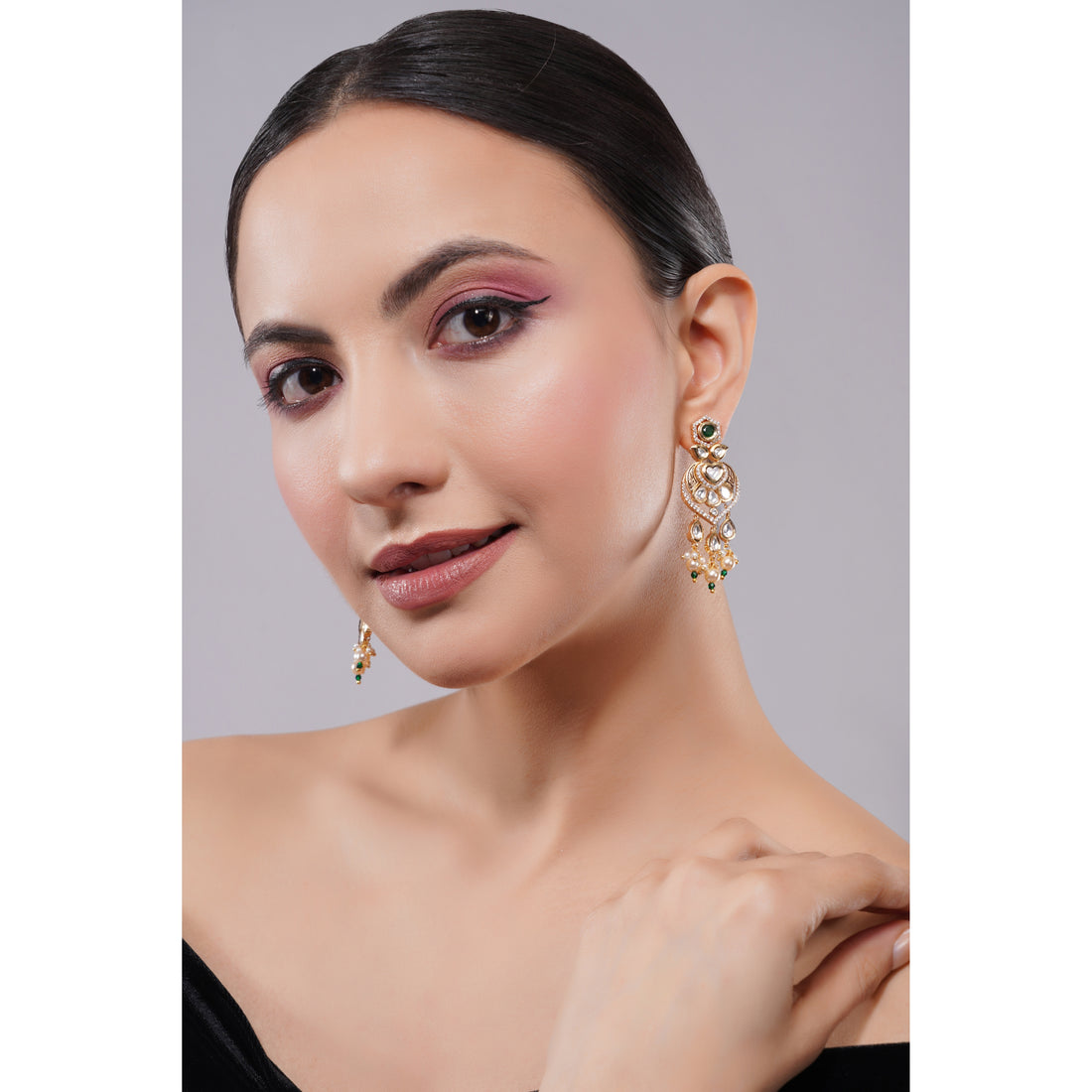 Amaita Demi Fine Ethnic Polki Kundan Emerald Green Pearl Drop Earrings