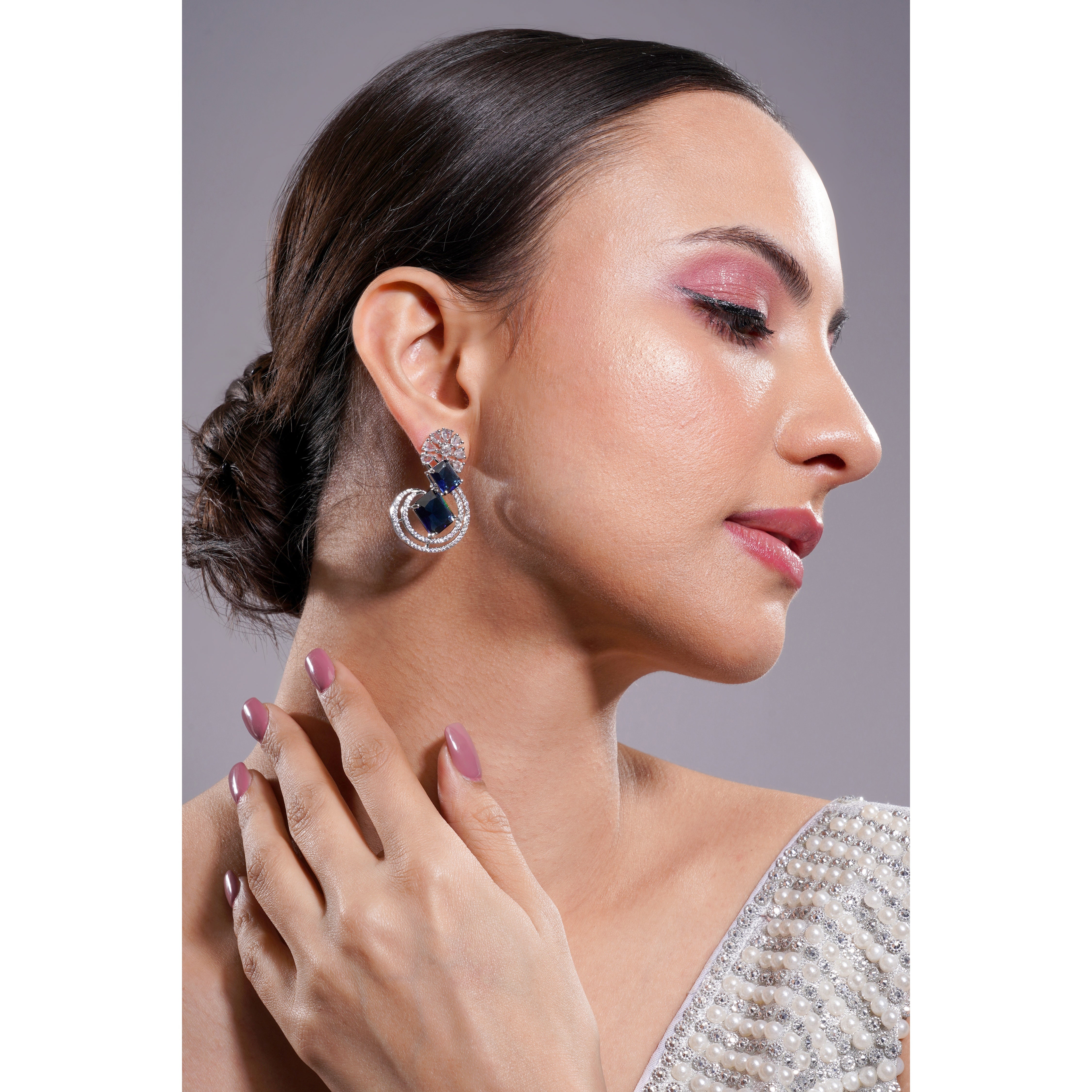 Amaita American Diamond Navy Blue Stone Swirl Drop Earrings