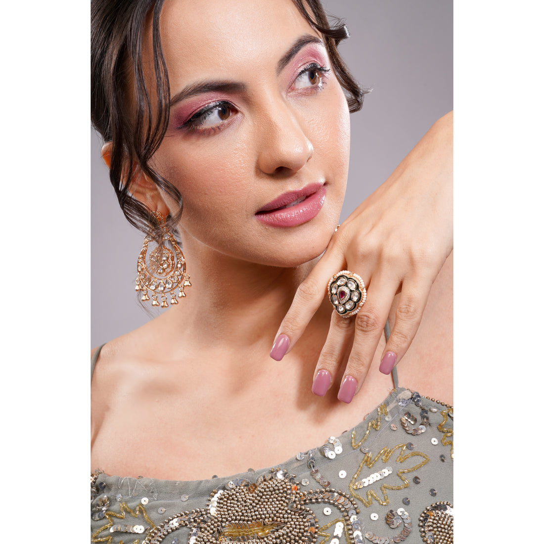 Amaita Traditional Polki Kundan Oval Green Meenakari Pearl Ring