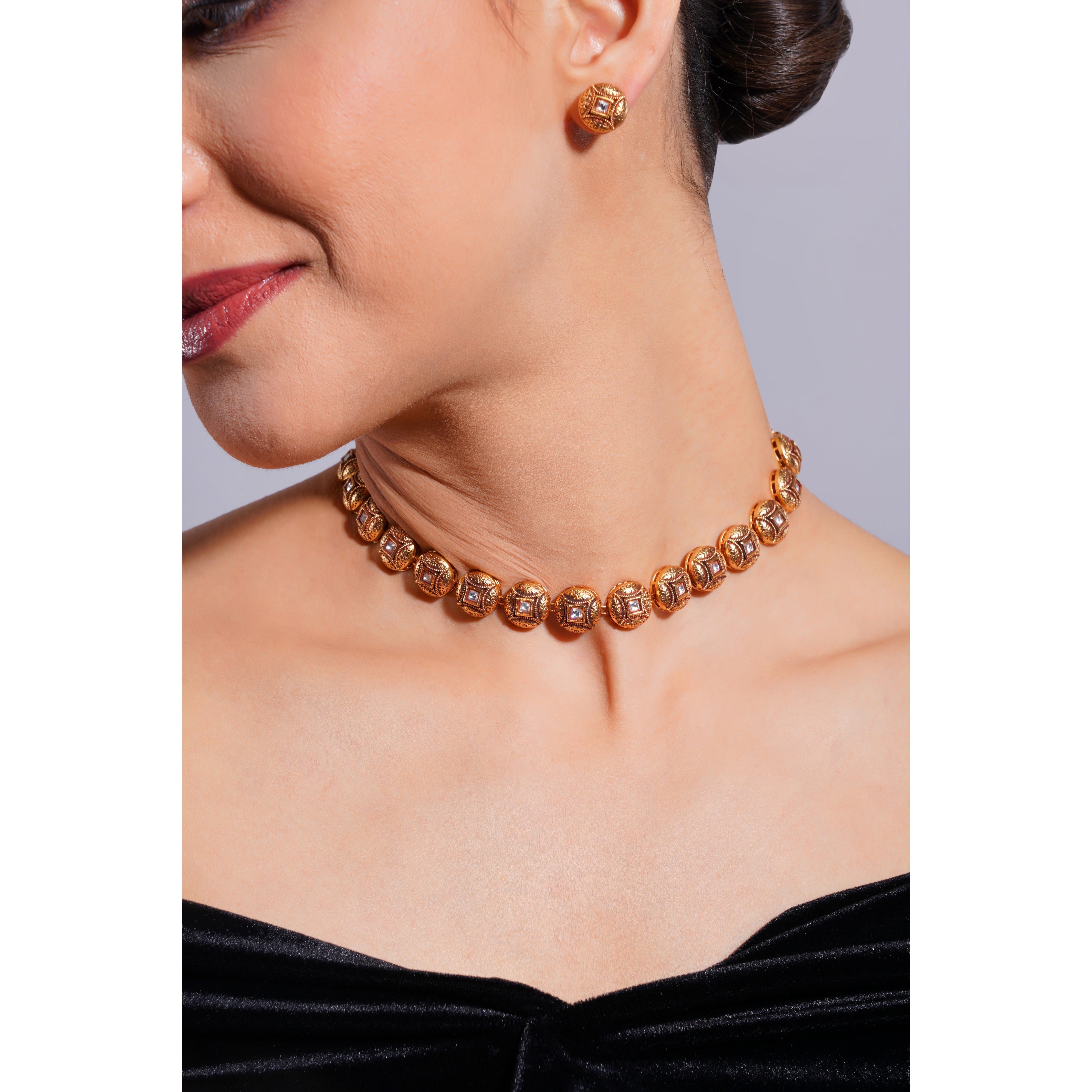 Amaita Demi Fine Ethnic Gold Tone Antique Dome Bead Choker Necklace Stud Set