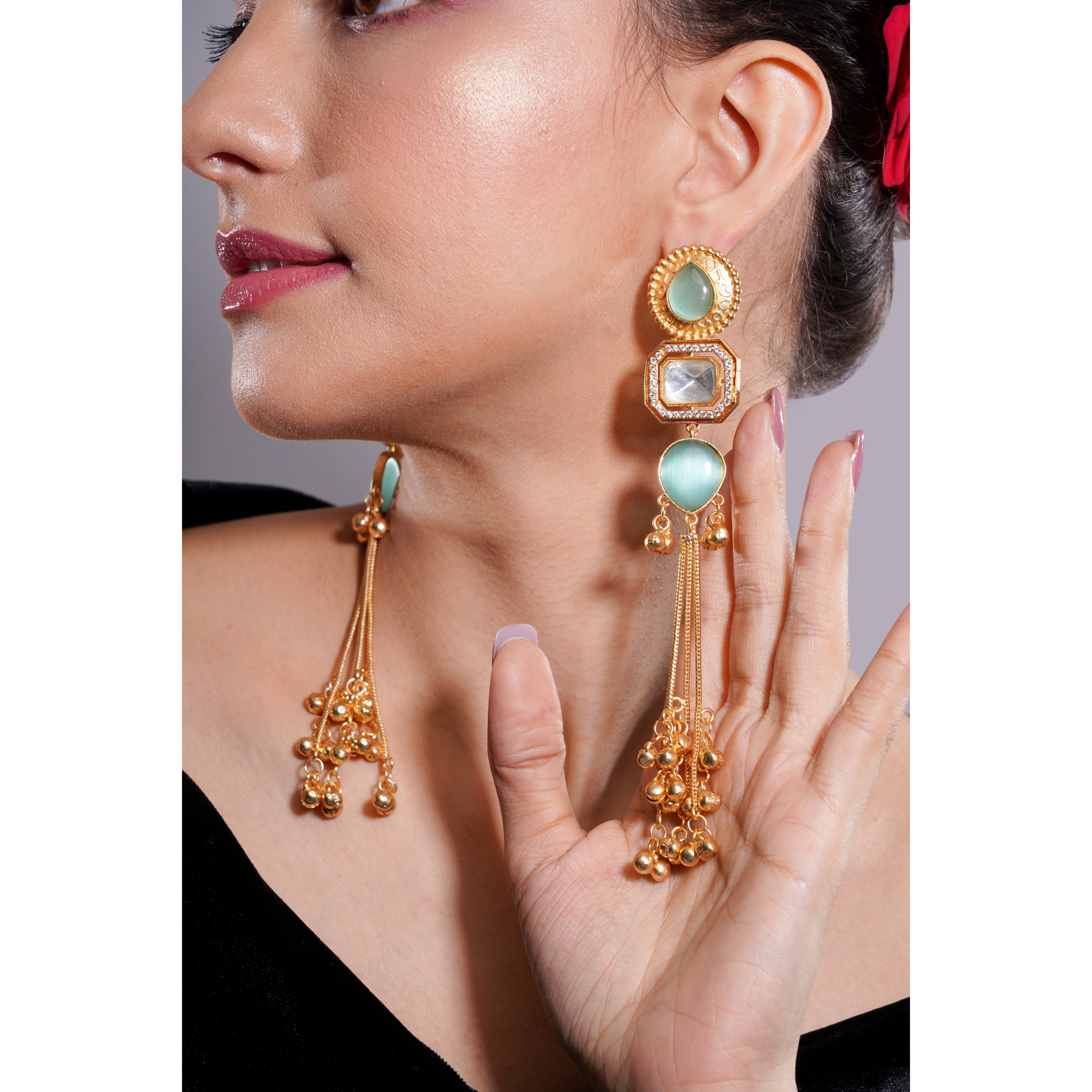 Amaita Kashmiri Mint Green Long Dangling Earrings
