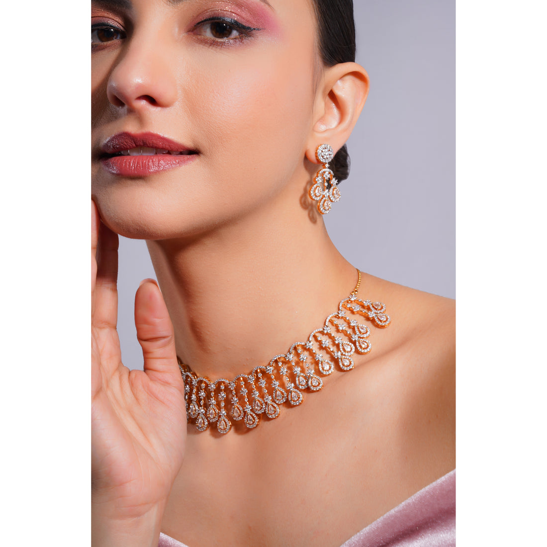 Amaita Demi Fine American Diamond Gold Floral Drop Fringe Necklace Earring Set