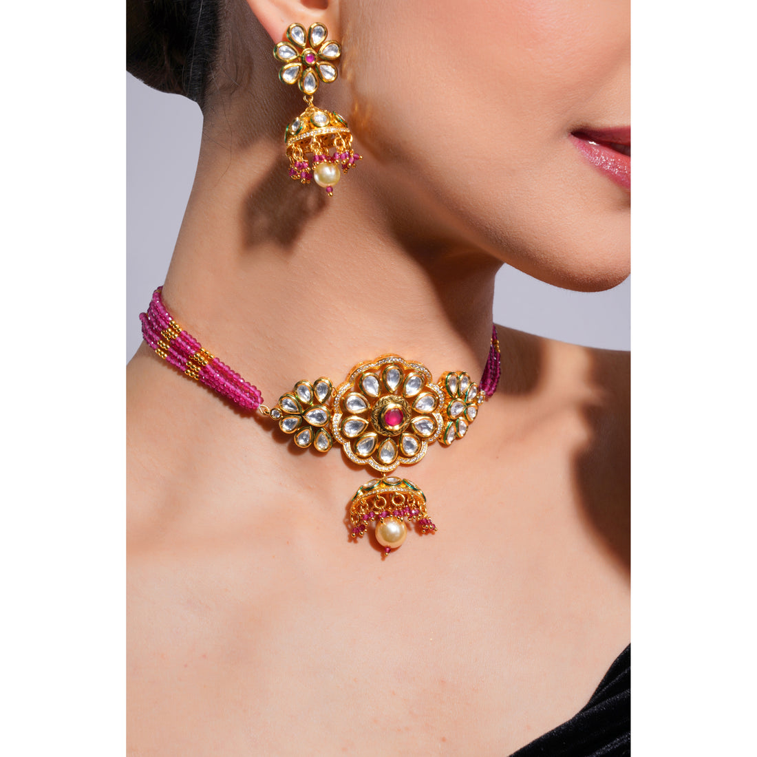 Amaita Demi Fine Ethnic Polki Kundan Ruby Pink BeadsStrand Jewellery Set