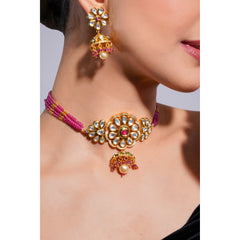 Amaita Demi Fine Ethnic Polki Kundan Ruby Pink BeadsStrand Jewellery Set