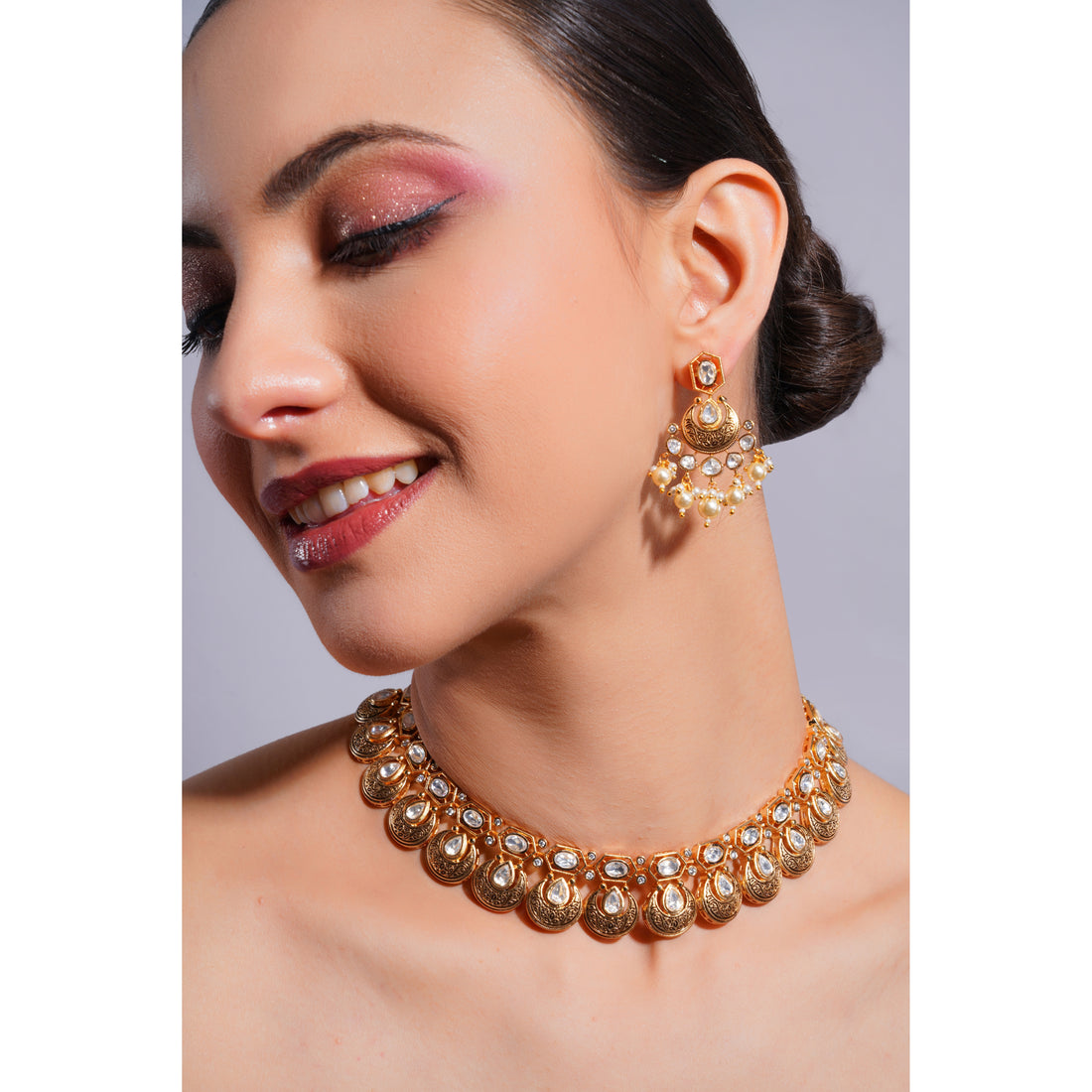 Amaita Demi Fine Ethnic Polki Kundan Gold Dome Choker Necklace and Earring Set