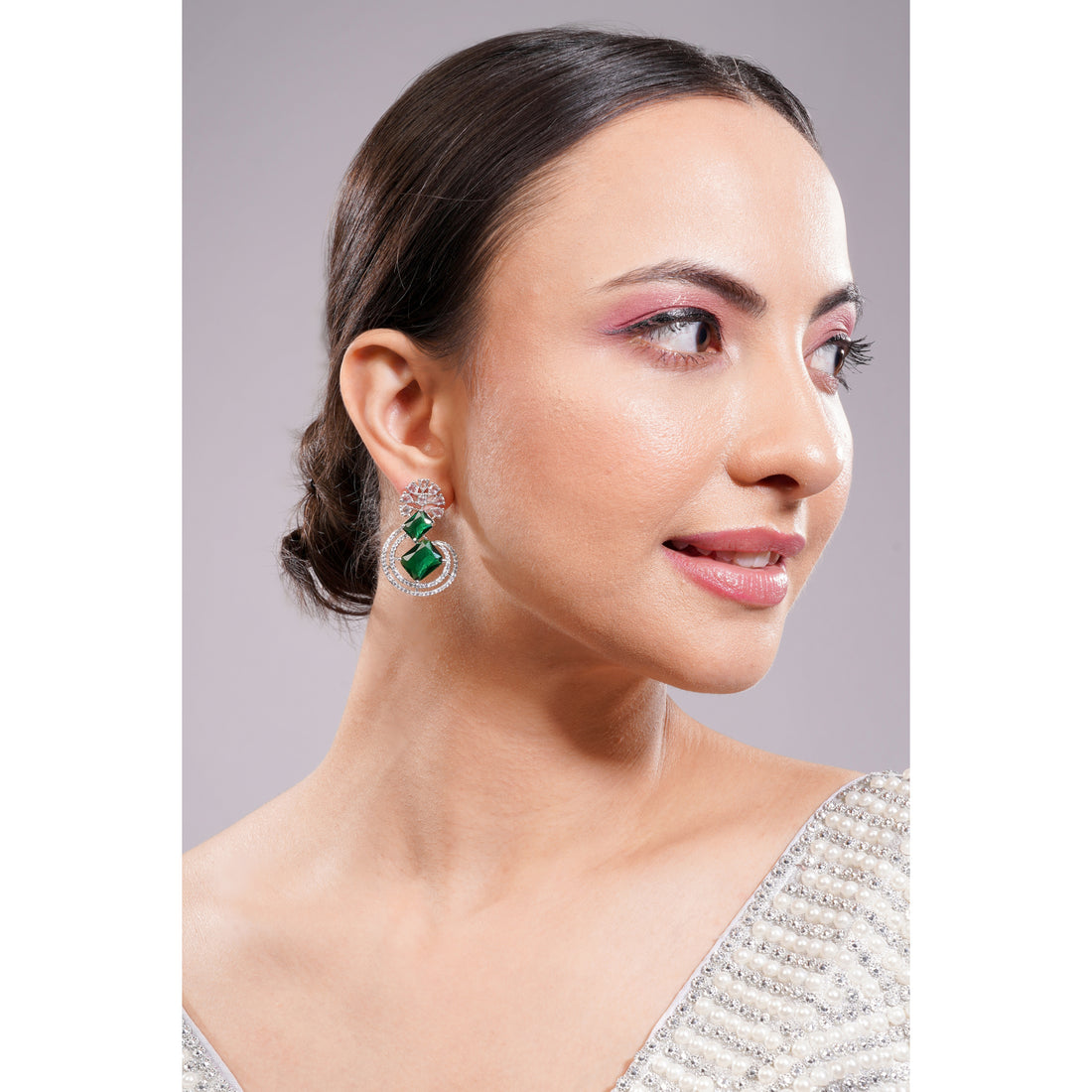 Amaita AD Double Emerald Stone Open Hoop Drop Earrings in Platinum Finish