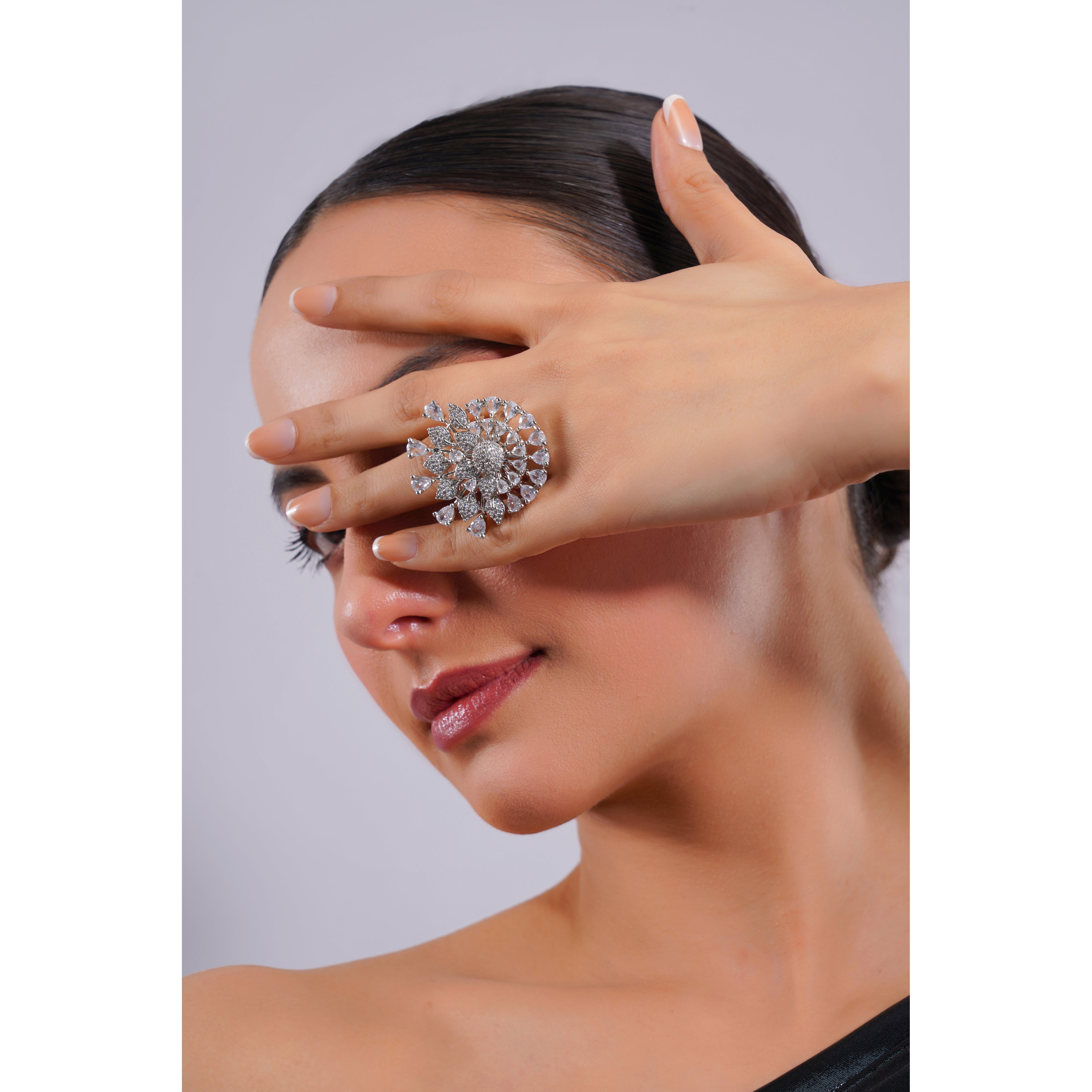 Amaita Demi Fine American Diamond All-White Sunflower Statement Cocktail Ring