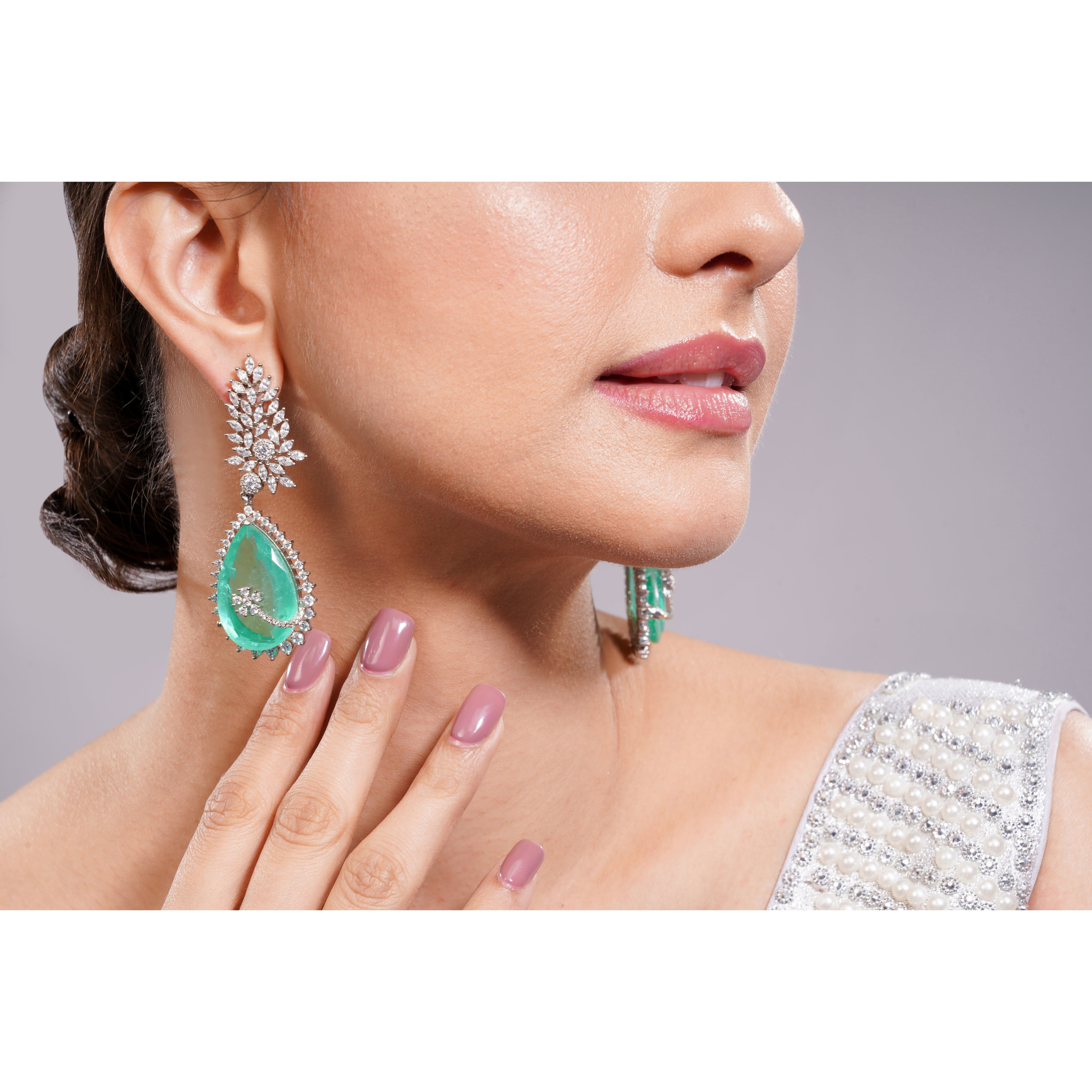 Amaita AD Oversized Mint Green Stone Sunburst Drop Earrings