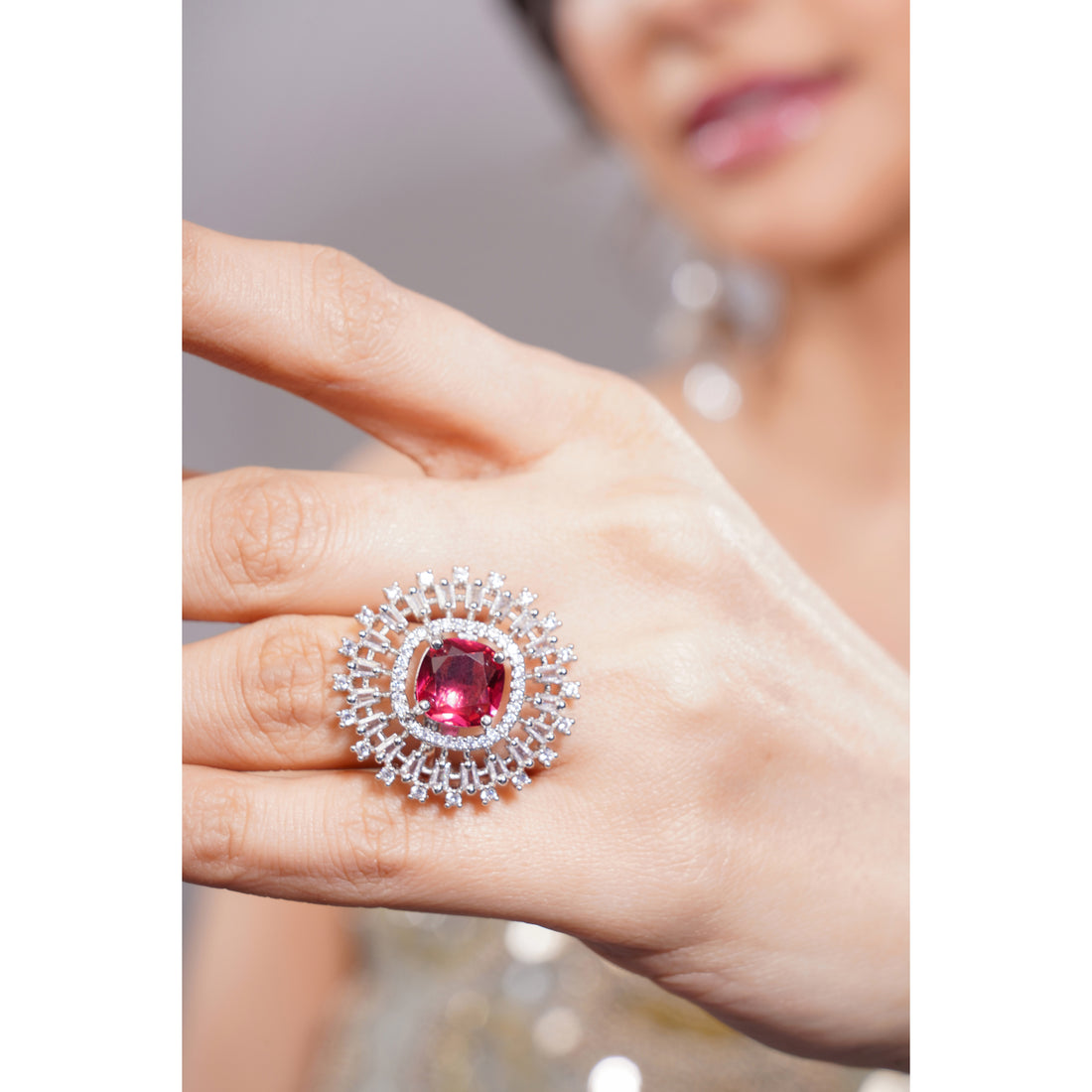 Amaita Platinum Polish AD Ruby Red Stone Sunburst Cocktail Ring