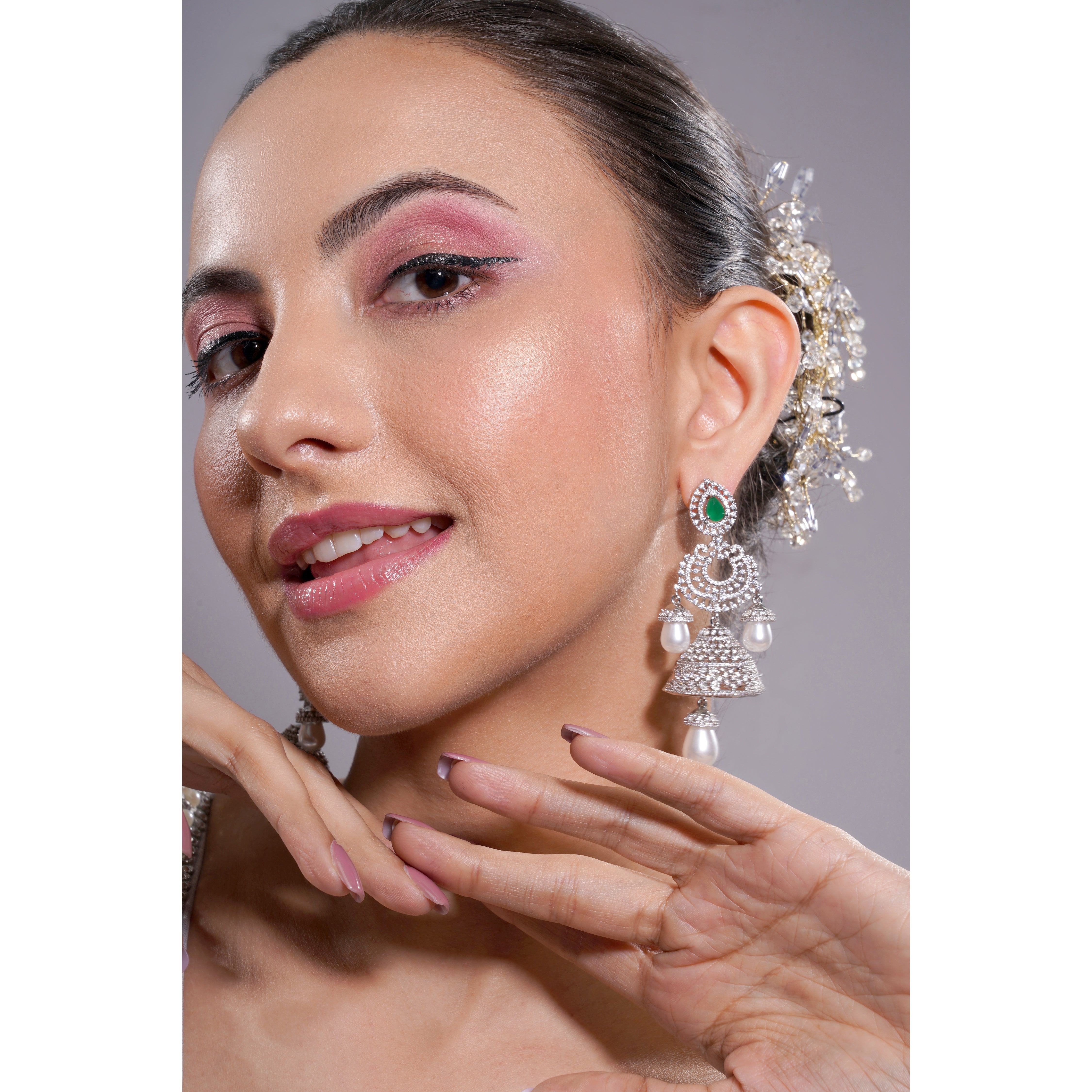 Amaita AD Emerald Green Stone Jhumka Earrings in Silver Finish