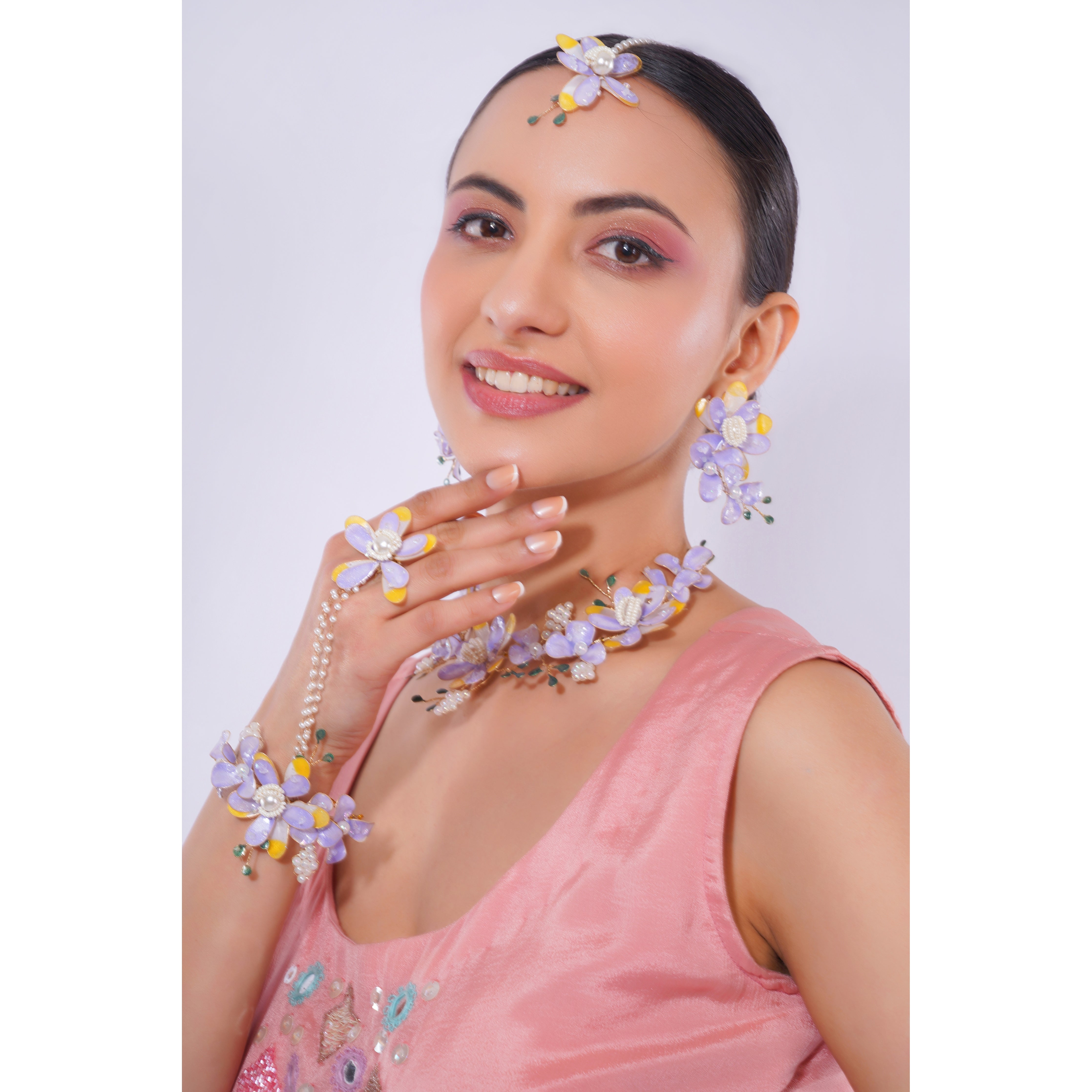 Amaita Demi Fine Lavender Enamel Floral Necklace Earring Hand Harness Set