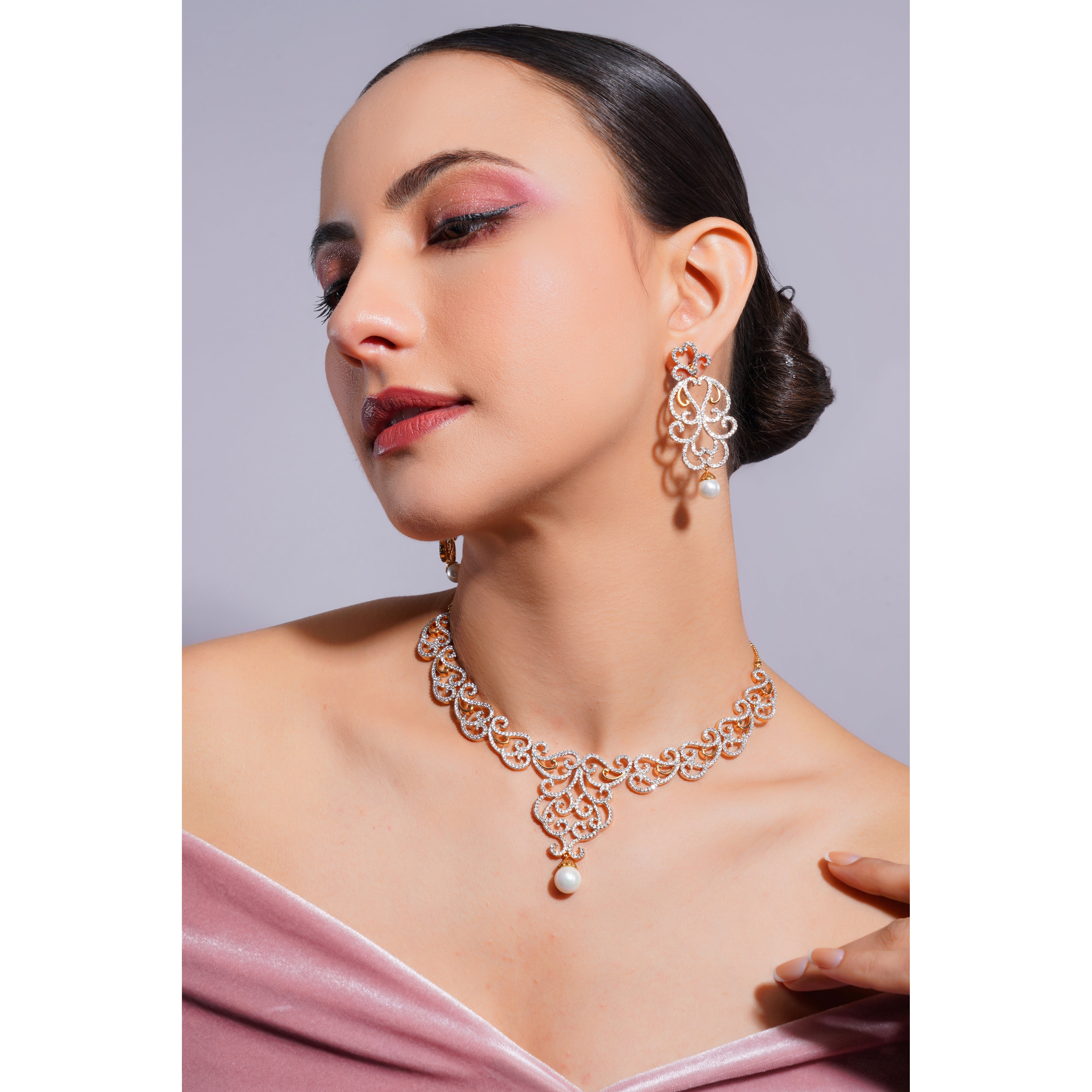 Amaita Demi Fine Gold Tone AD Filigree Scroll Necklace and Earring Set