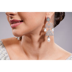 Amaita Silver Tone AD Mint Green Stone Layered Jhumka Pearl Drop